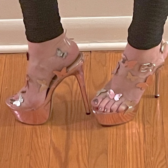 Metallic Pink, Silver, and Clear, High Heel Stilettos with Butterfly Accents. - Picture 3 of 5